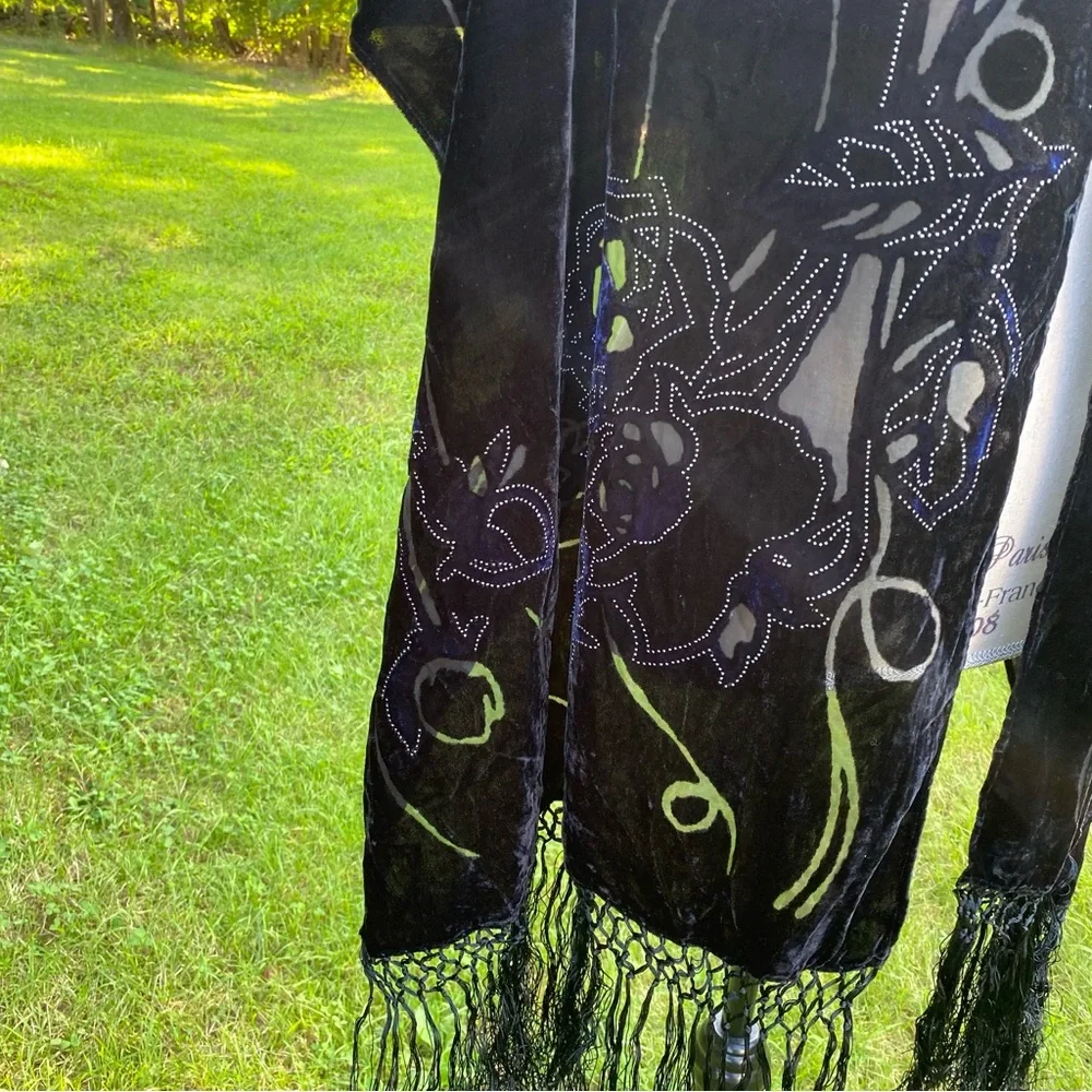 SCARF BLACK VELOUR BURN OUT FLORAL SILVER DOT ACCENT LONG FRINGE ENDS RECTANGLE